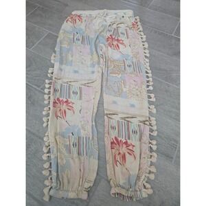Z&L Boho Floral Patchwork Tassel Jogger Pants Pastel Vacation Beach Resort Large